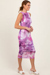 Purple Printed Mesh Overlay Sleeveless Fitted Midi Dress