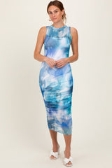 Teal Printed Mesh Overlay Sleeveless Fitted Midi Dress