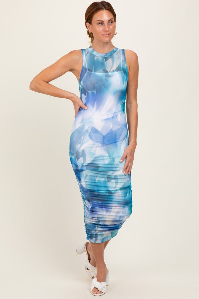 Teal Printed Mesh Overlay Sleeveless Fitted Midi Dress