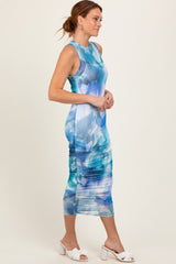 Teal Printed Mesh Overlay Sleeveless Fitted Midi Dress