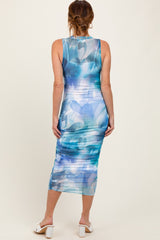 Teal Printed Mesh Overlay Sleeveless Fitted Midi Dress
