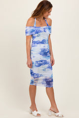 Blue Floral Mesh Off Shoulder Halter Midi Dress
