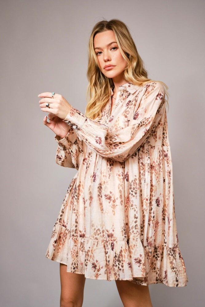 Brown Animal Print Tiered Mini Dress