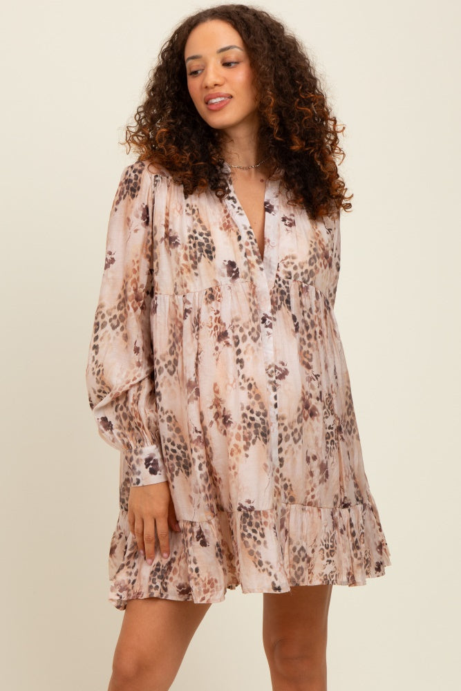 Brown Animal Print Tiered Maternity Mini Dress
