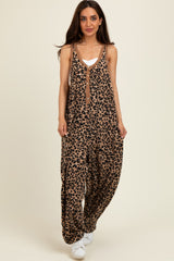 Brown Animal Print Waffle Knit Oversized Jumpsuit