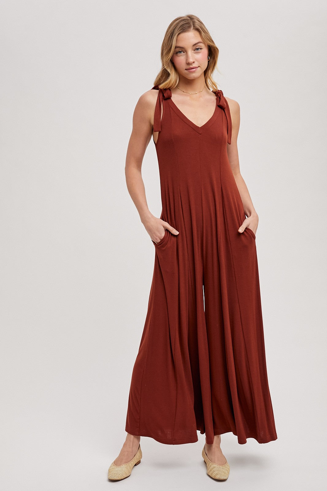 Rust Shoulder Tie Wide Leg Jumpsuit