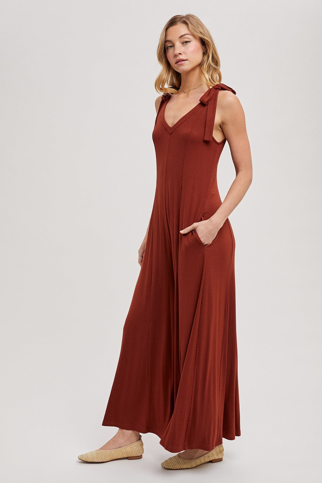 Rust Shoulder Tie Wide Leg Jumpsuit