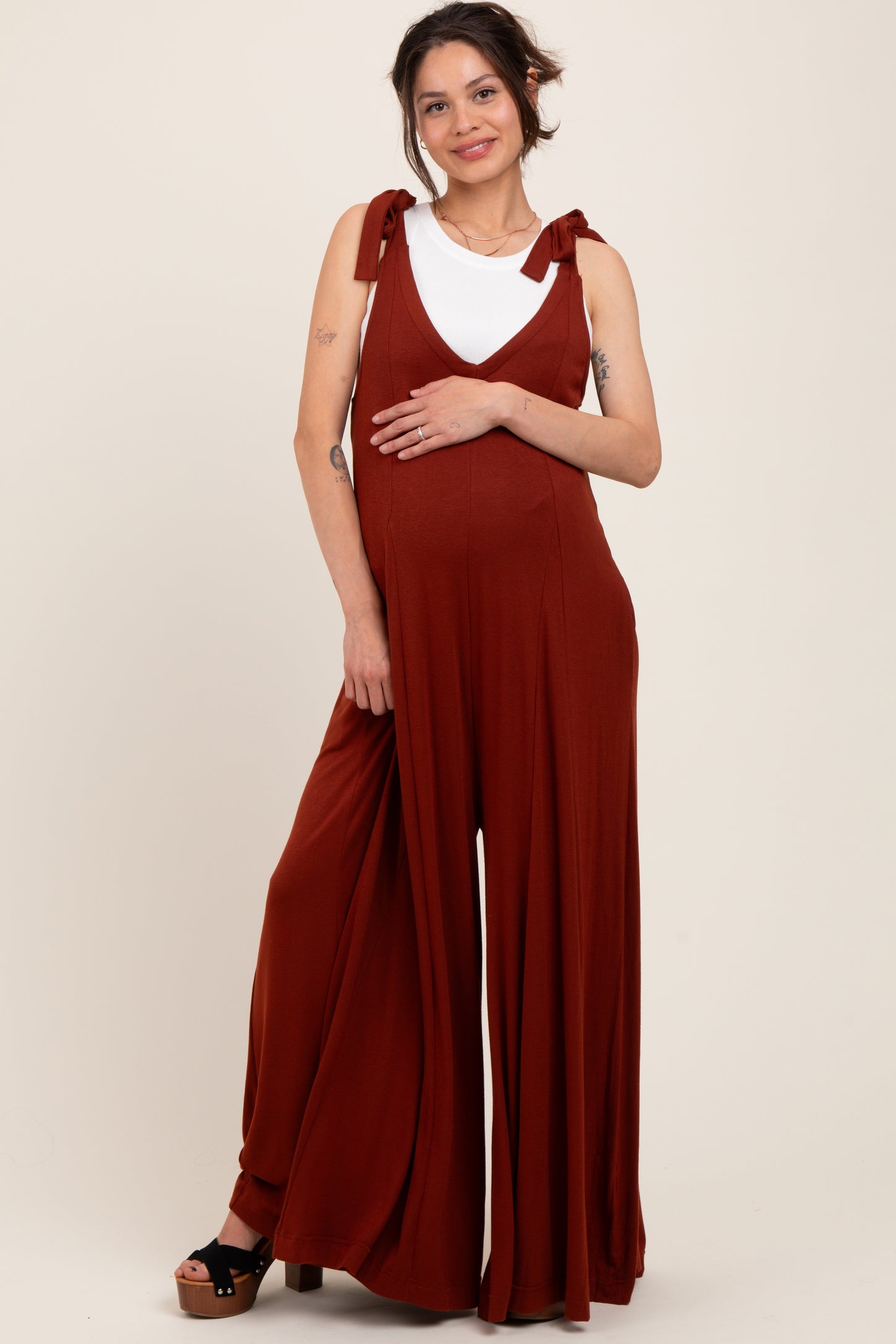 Rust Shoulder Tie Wide Leg Maternity Jumpsuit