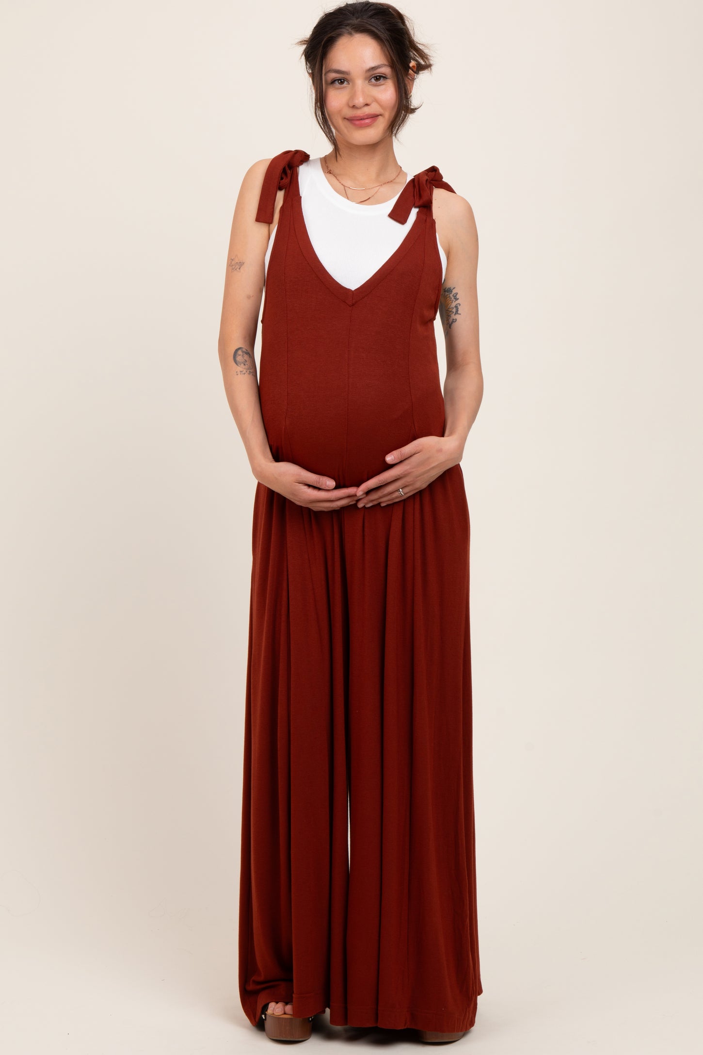 Rust Shoulder Tie Wide Leg Maternity Jumpsuit