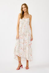 Ivory Floral Sleeveless Tiered Ruffle Detail Maxi Dress