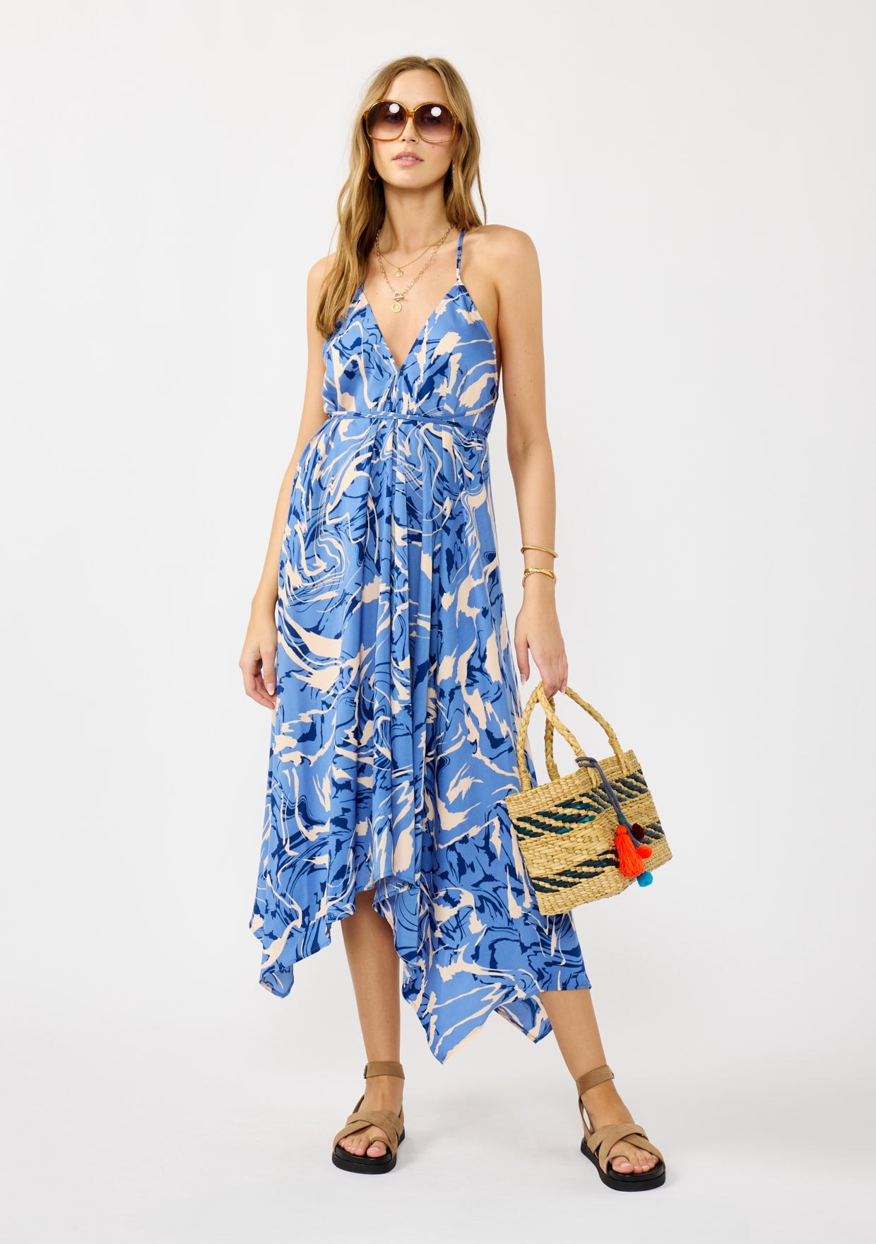 Blue Printed Crisscross Back Handkerchief Dress