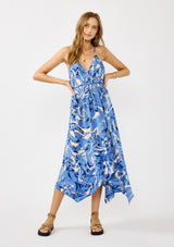 Blue Printed Crisscross Back Handkerchief Dress