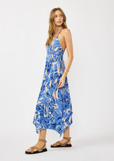 Blue Printed Crisscross Back Handkerchief Dress