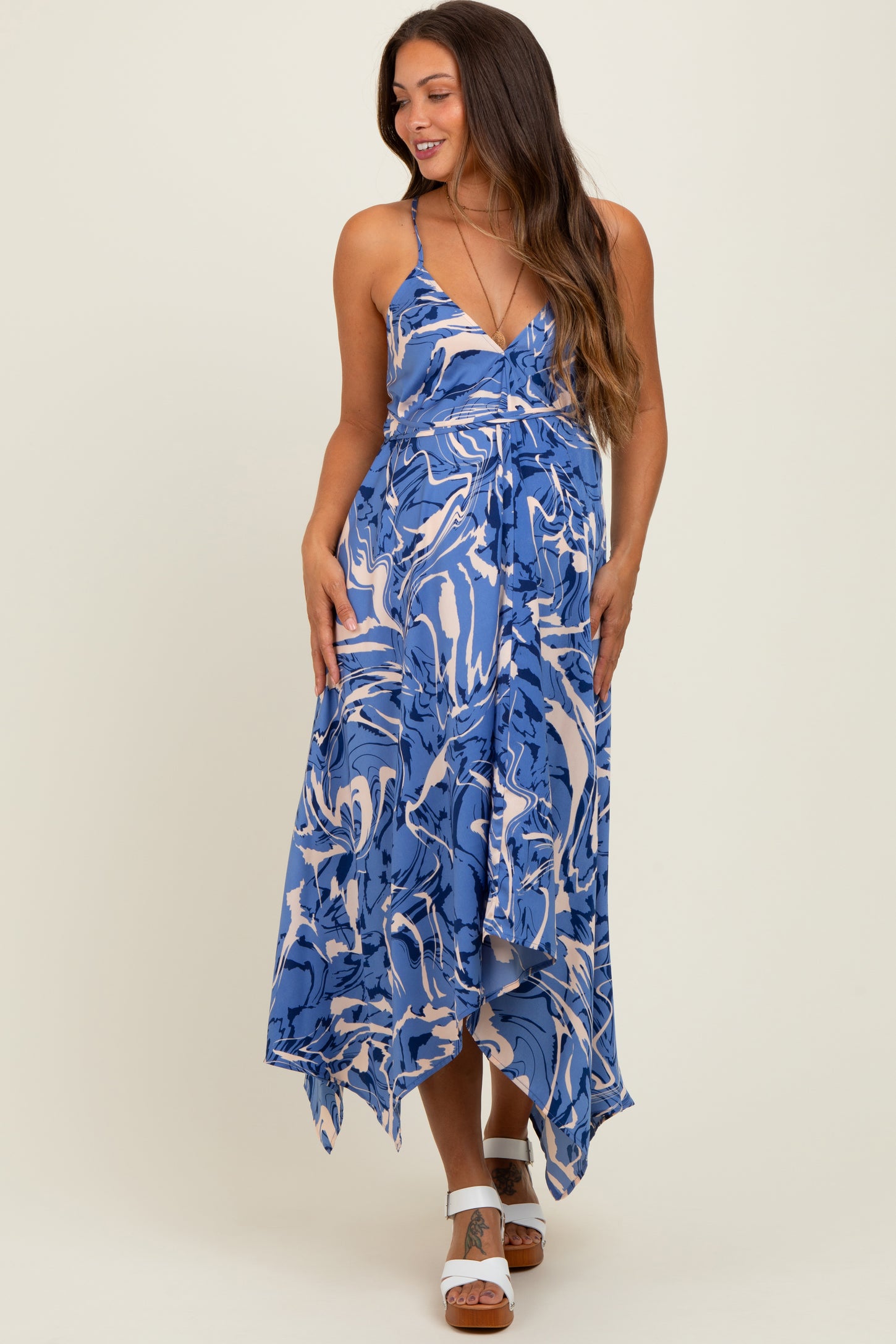 Blue Printed Crisscross Back Maternity Handkerchief Dress