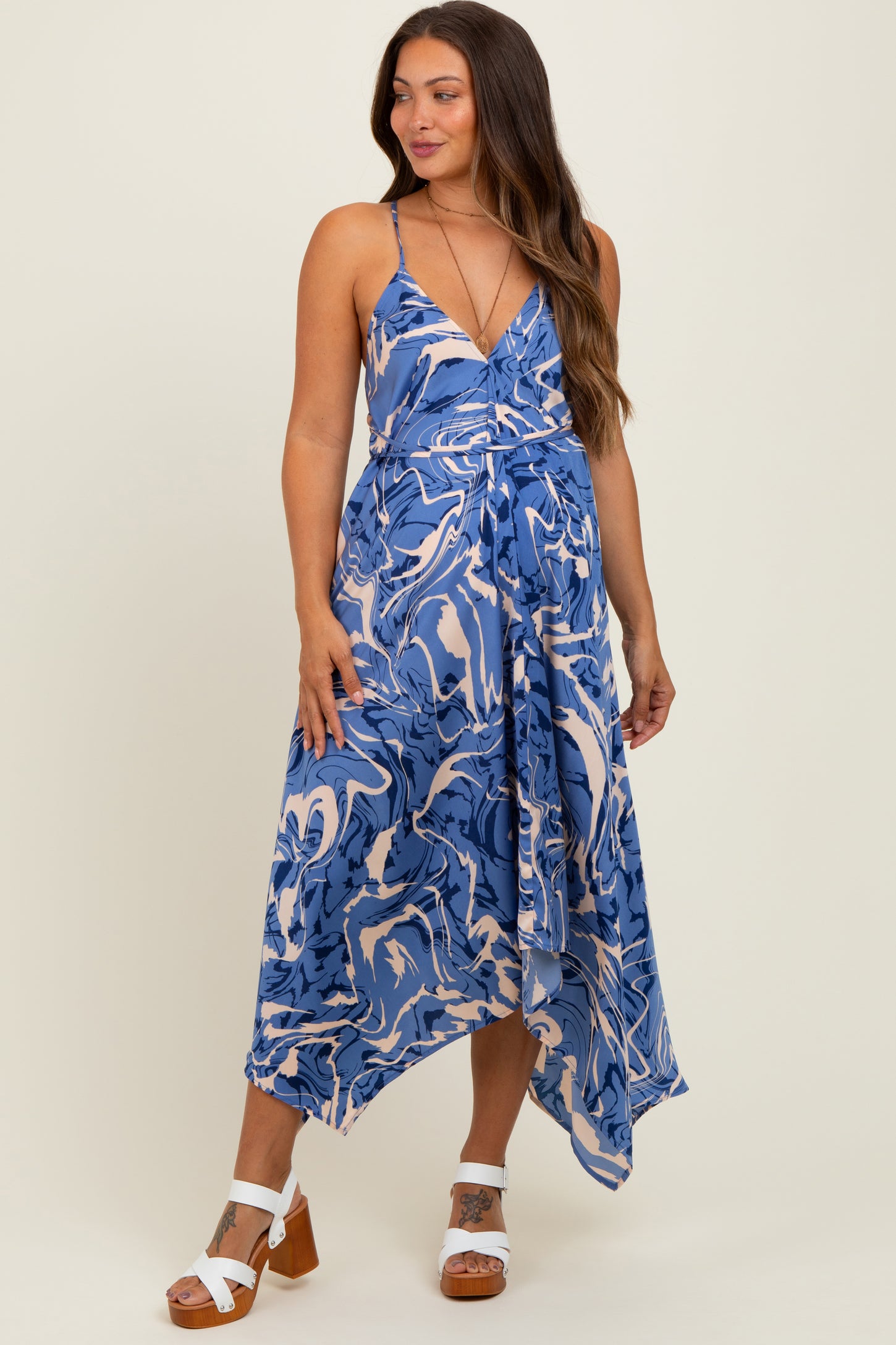 Blue Printed Crisscross Back Maternity Handkerchief Dress