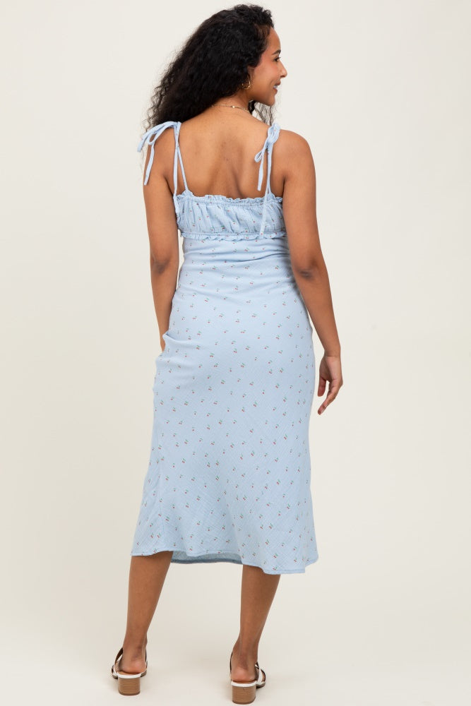 Light Blue Cherry Print Shoulder Tie Maternity Midi Dress Light Blue Cherry Print Shoulder Tie Maternity Midi Dress