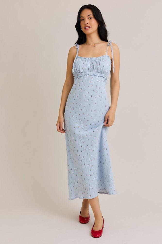 Light Blue Cherry Print Shoulder Tie Maternity Midi Dress