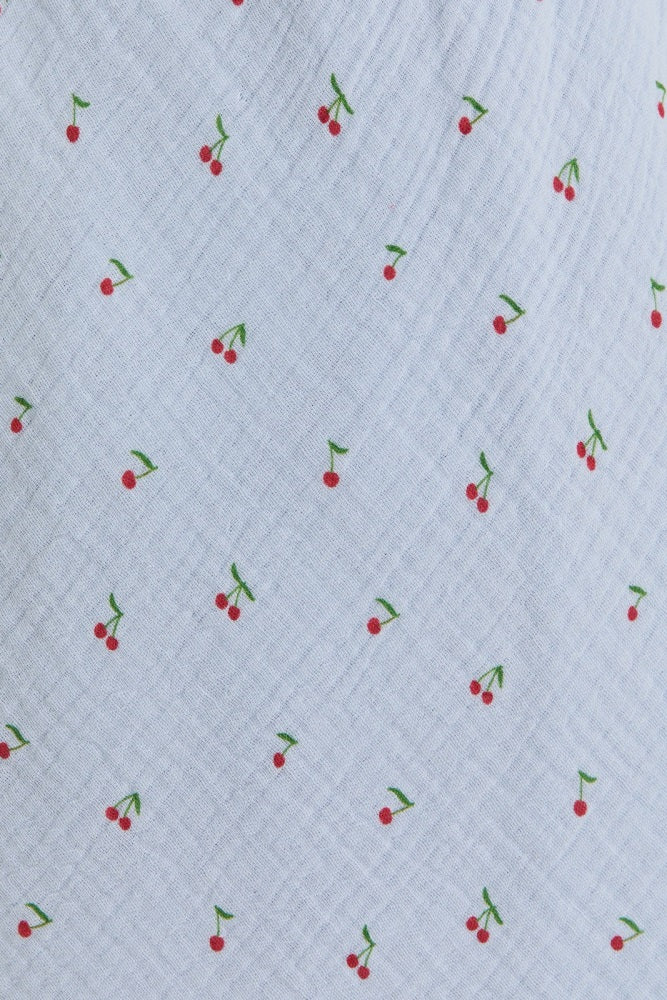 Light Blue Cherry Print Shoulder Tie Maternity Midi Dress