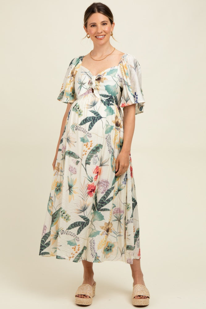 Cream Tropical Print Front Tie Flutter Sleeve Maternity Midi Dress