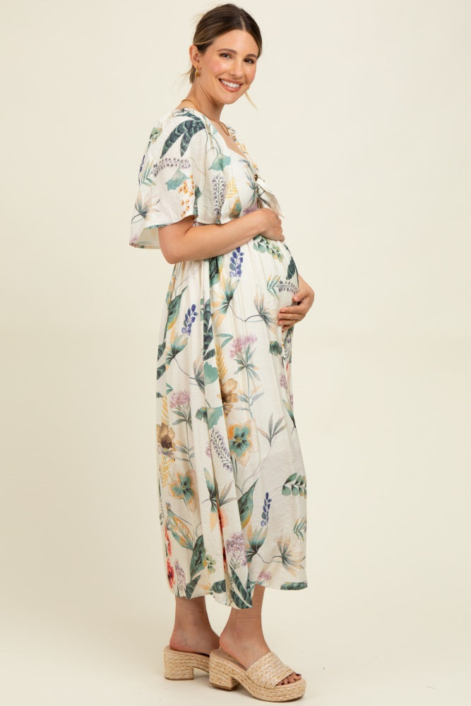 Cream Tropical Print Front Tie Flutter Sleeve Maternity Midi Dress