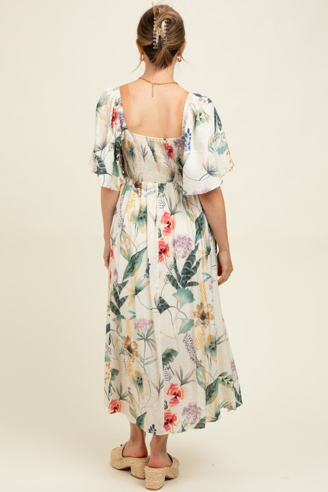 Cream Tropical Print Front Tie Flutter Sleeve Maternity Midi Dress