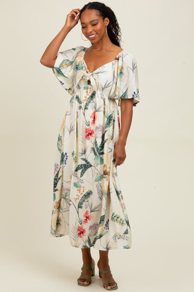 Cream Tropical Print Front Tie Flutter Sleeve Maternity Midi Dress