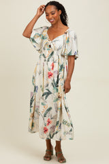 Cream Tropical Print Front Tie Flutter Sleeve Maternity Midi Dress