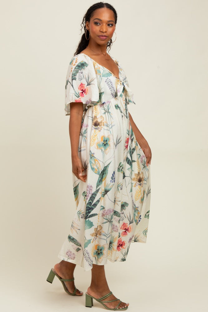 Cream Tropical Print Front Tie Flutter Sleeve Midi Dress