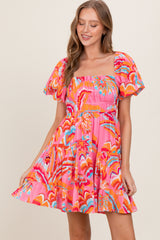 Pink Printed Smocked Puff Sleeve Maternity Mini Dress