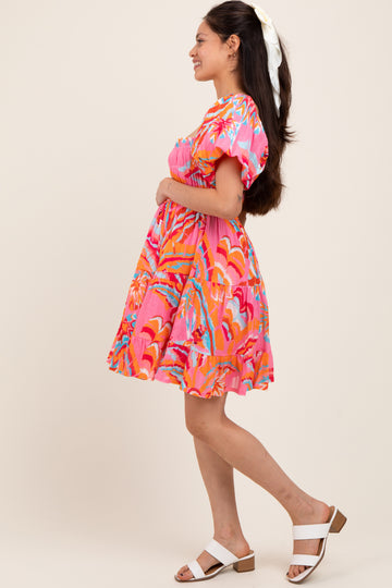 Pink Printed Smocked Puff Sleeve Maternity Mini Dress