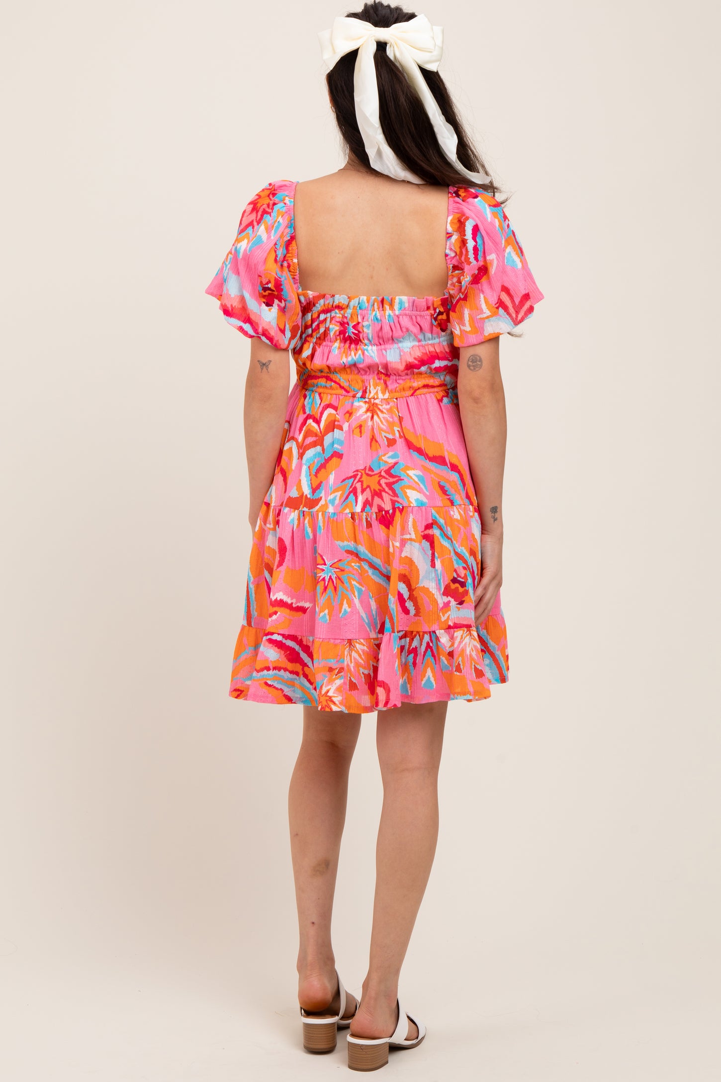 Pink Printed Smocked Puff Sleeve Maternity Mini Dress