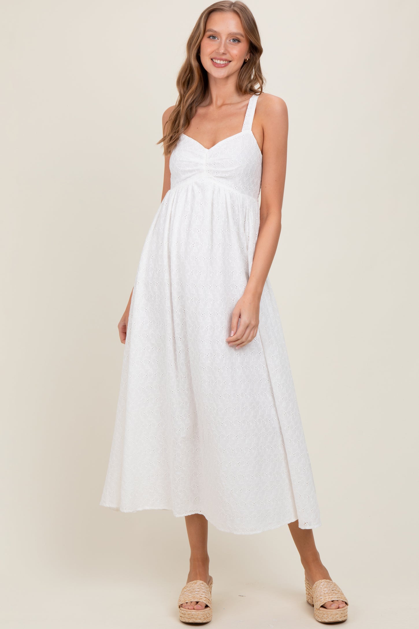 Ivory Eyelet Lace Sweetheart Neckline Maternity Midi Dress