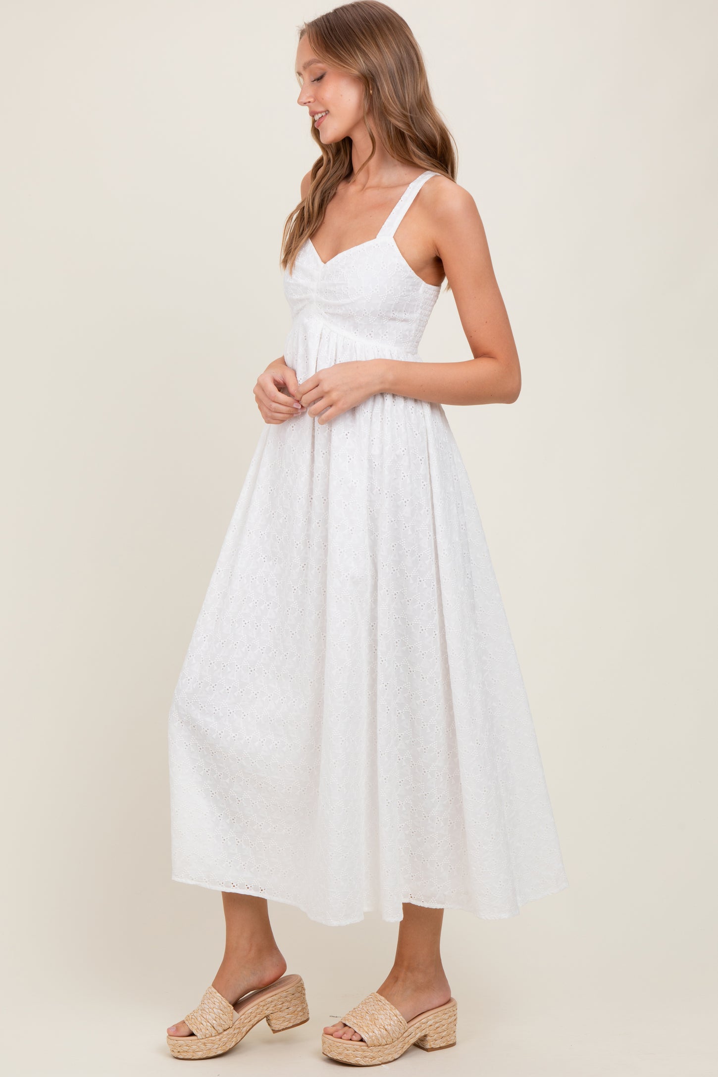 Ivory Eyelet Lace Sweetheart Neckline Midi Dress