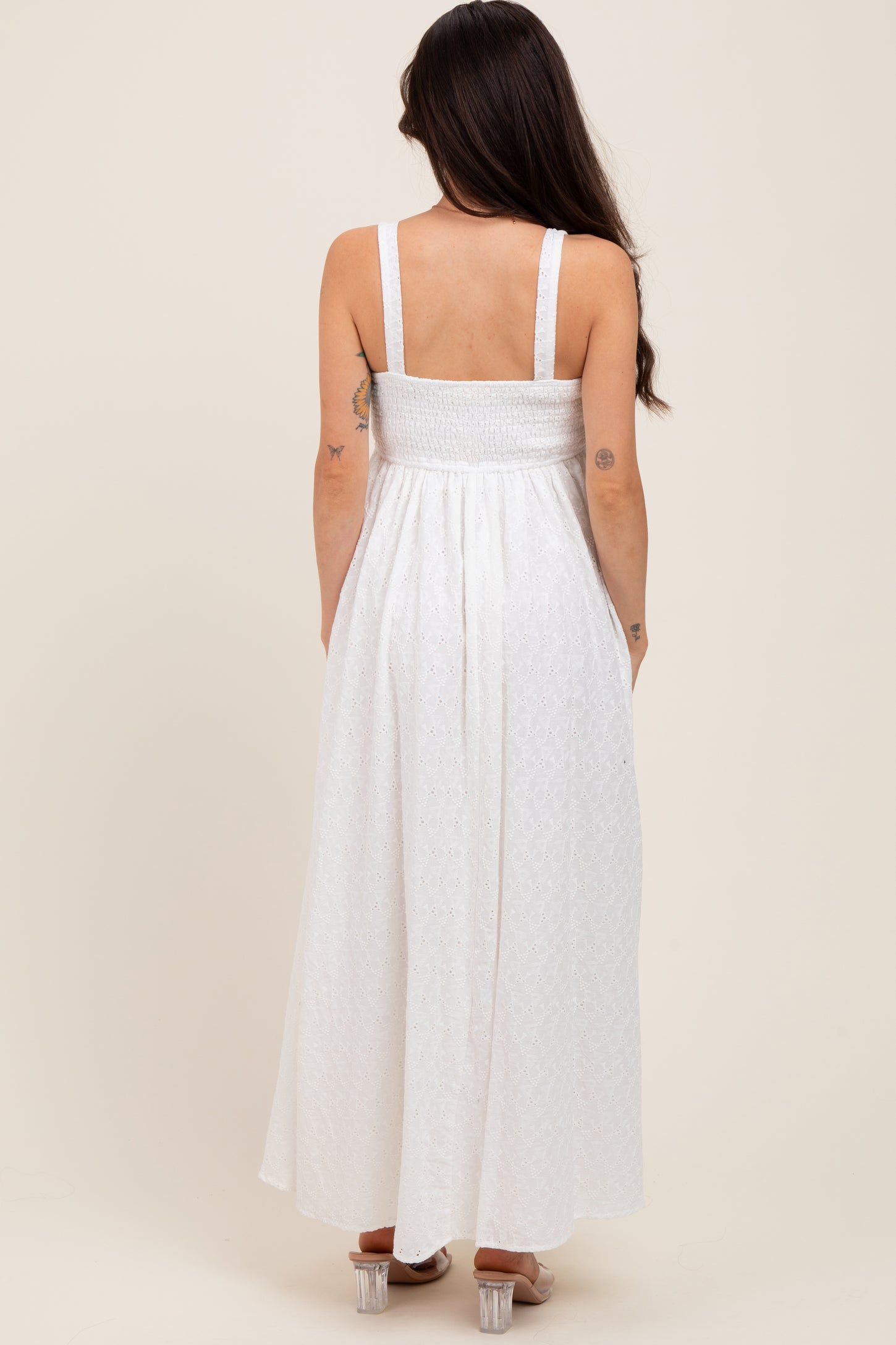 Ivory Eyelet Lace Sweetheart Neckline Maternity Midi Dress