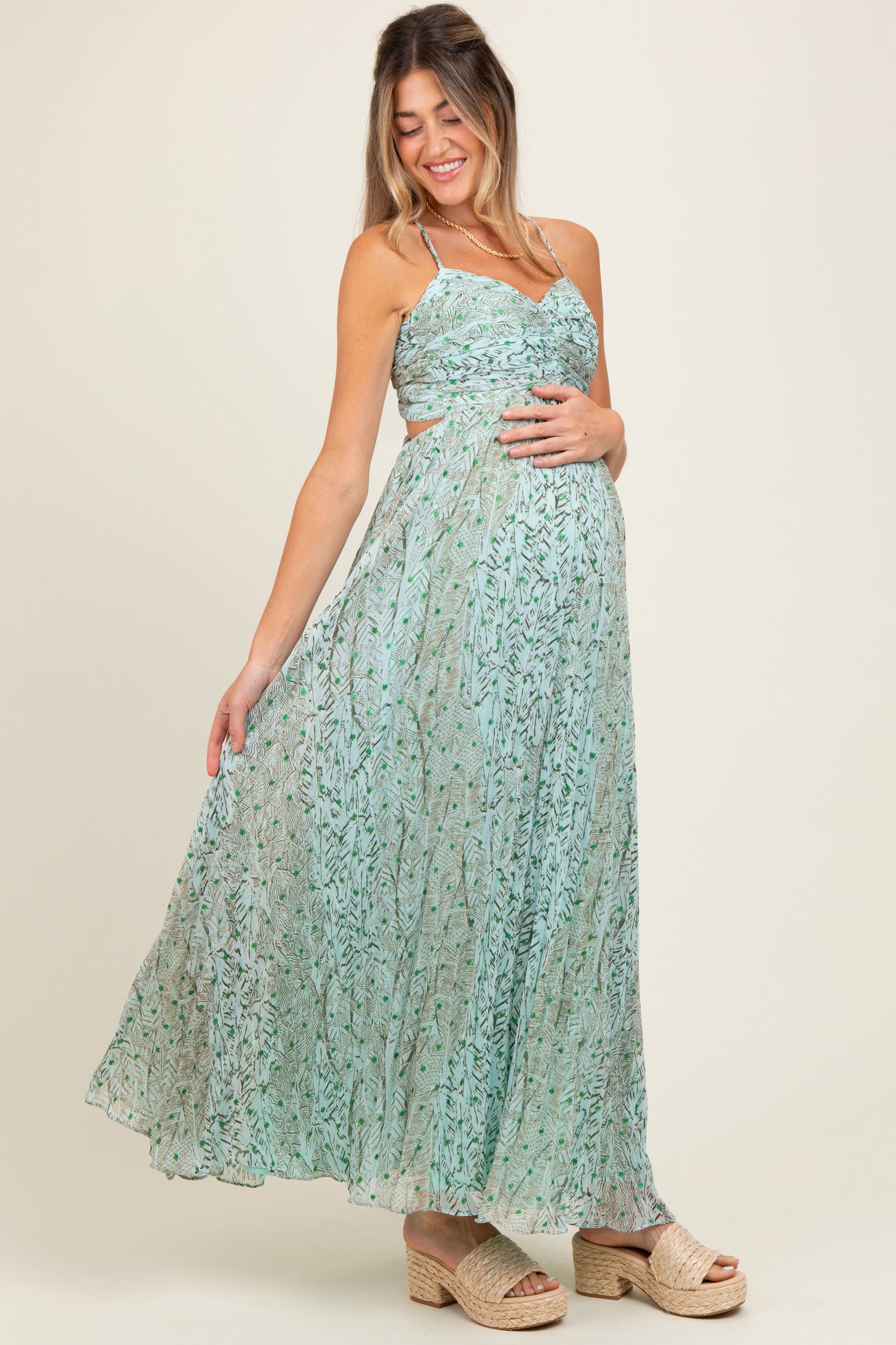 Mint Green Floral Cutout Tie Back Maternity Maxi Dress