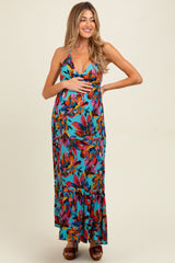 Multicolor Floral Deep V-Neck Halter Maternity Maxi Dress
