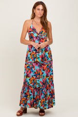 Multicolor Floral Deep V-Neck Halter Maternity Maxi Dress