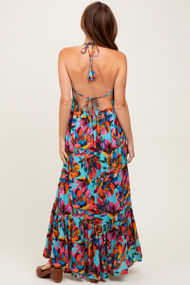 Multicolor Floral Deep V-Neck Halter Maxi Dress