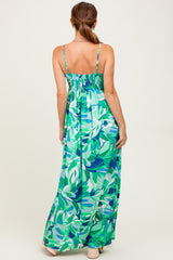 Green Printed Shoulder Tie Maxi Dress