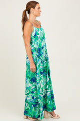 Green Printed Shoulder Tie Maxi Dress