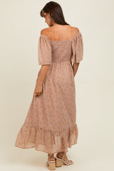 Mauve Floral Flutter Sleeve Ruffle Hem Midi Dress