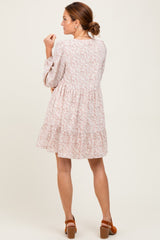 Beige Floral Long Sleeve Dress
