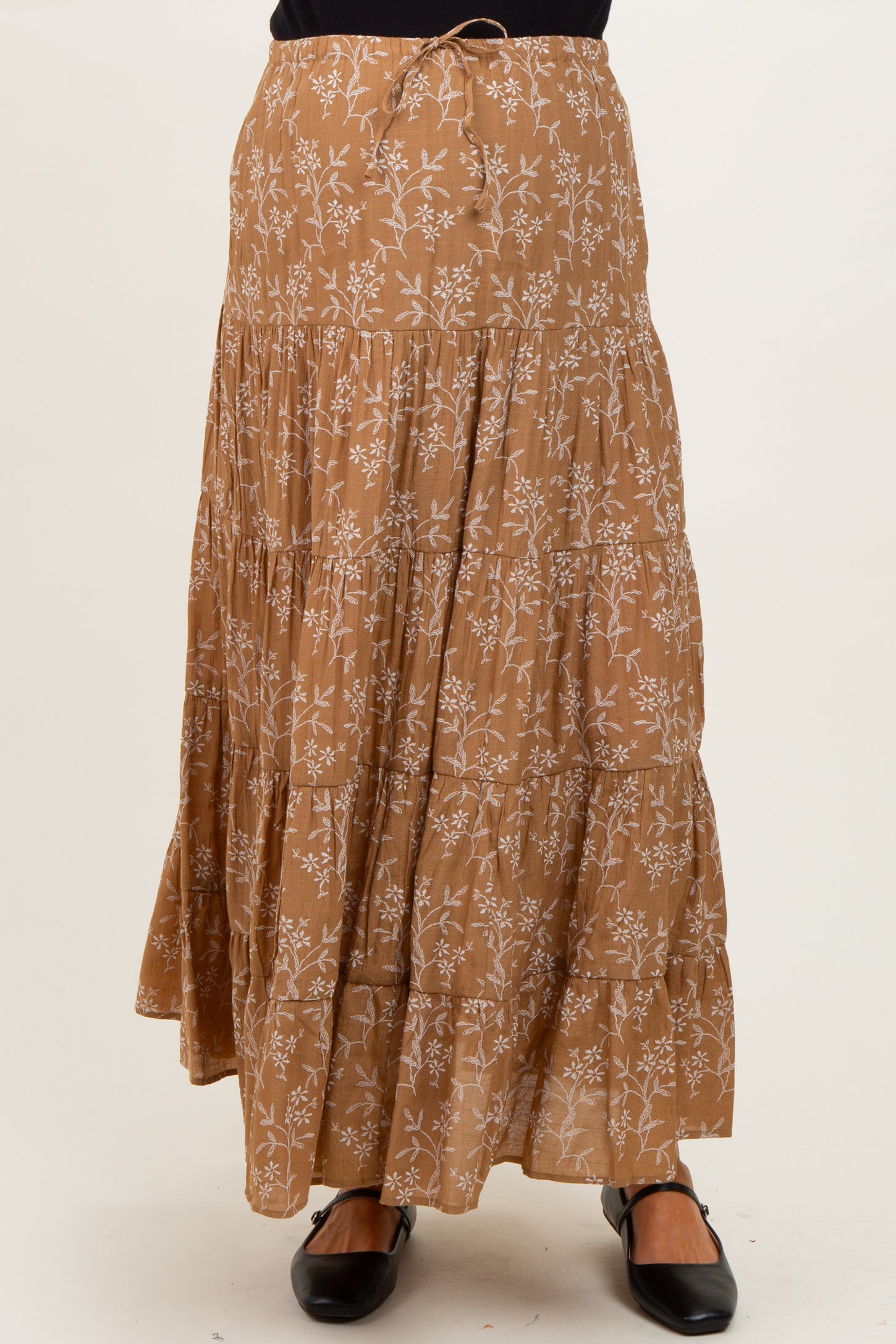 Camel Floral Drawstring Tiered Maternity Maxi Skirt