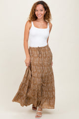 Camel Floral Drawstring Tiered Maxi Skirt