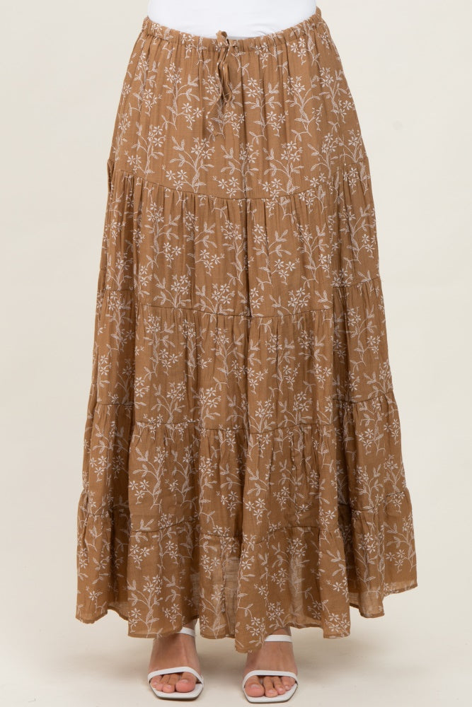 Camel Floral Drawstring Tiered Maxi Skirt