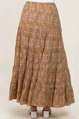 Camel Floral Drawstring Tiered Maxi Skirt