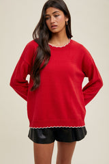 Red Contrast Scallop Trim Maternity Sweater