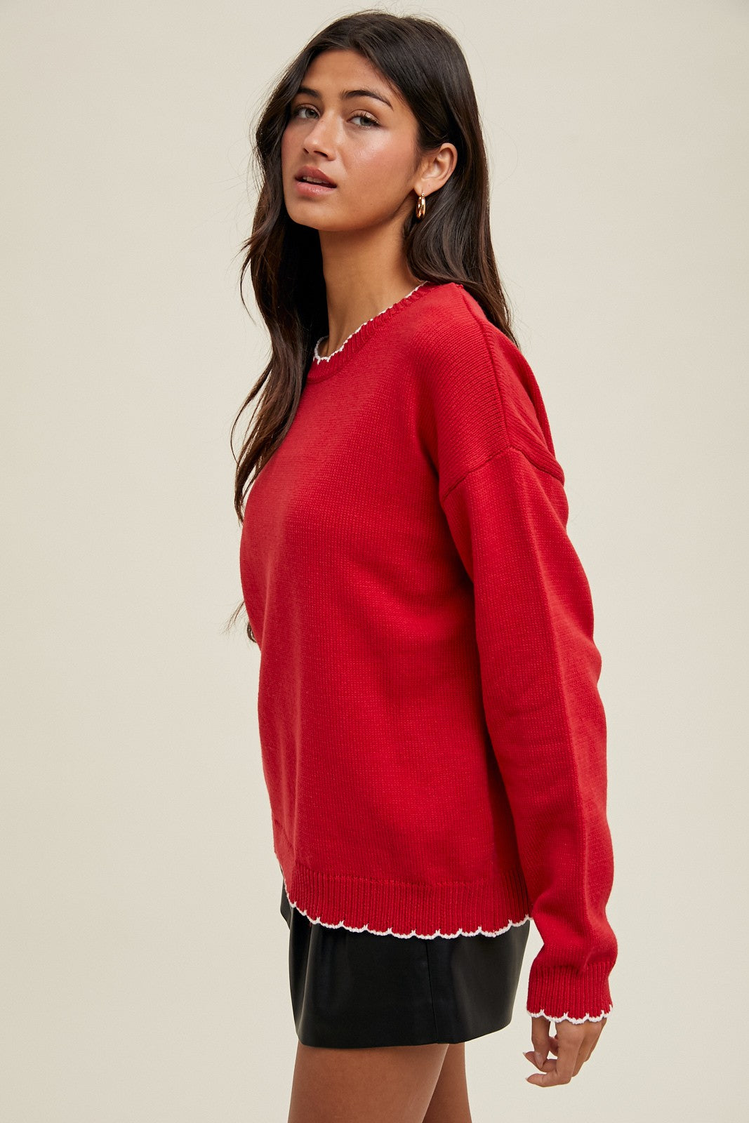 Red Contrast Scallop Trim Sweater