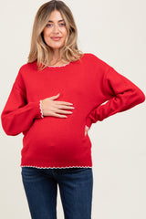 Red Contrast Scallop Trim Maternity Sweater