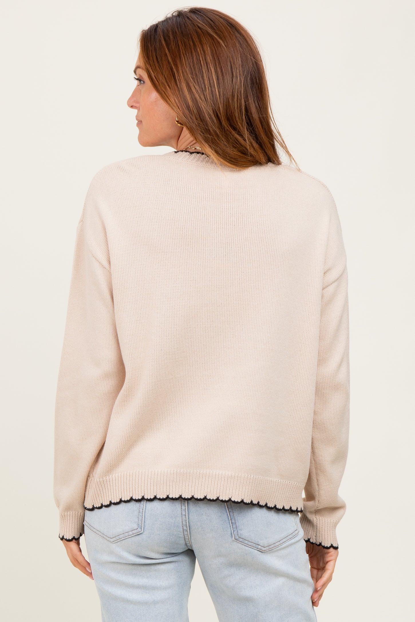 Taupe Contrast Scallop Trim Sweater